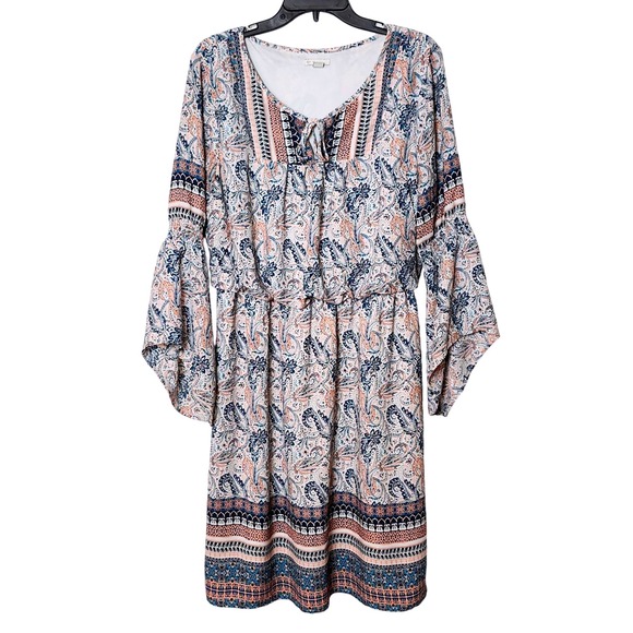EST.‎ 1946 Women's Dress 14/16W Blue Coral Paisley Print Bell Sleeve Tie Neck - Picture 1 of 7